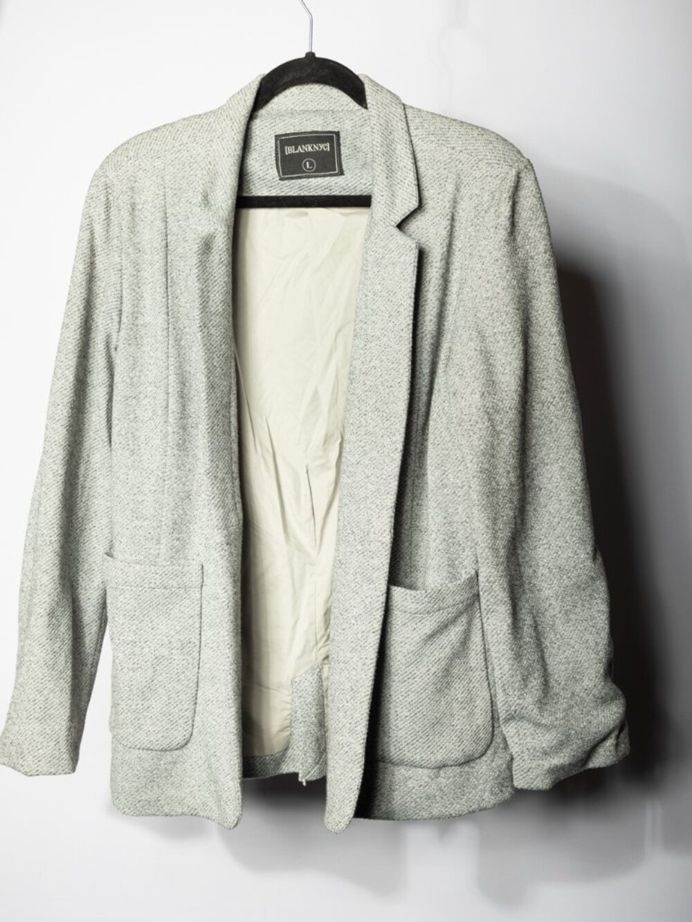 BLANKNYC Open Front Knit Blazer Heather Gray Patch Pockets Size L